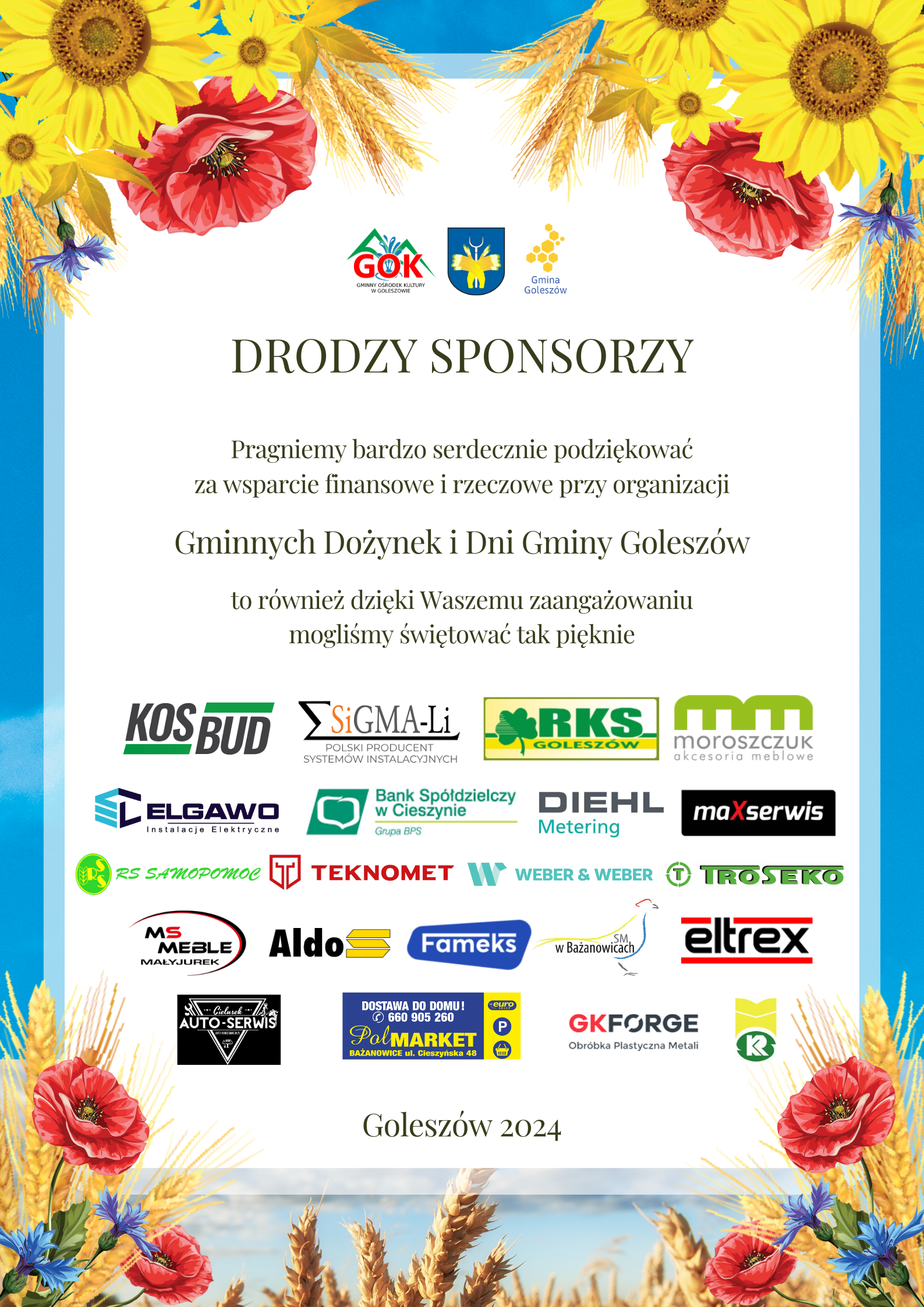 Podziękowania dla sponsorów Dożynek Gminnych – Dni Gminy Goleszów 2024