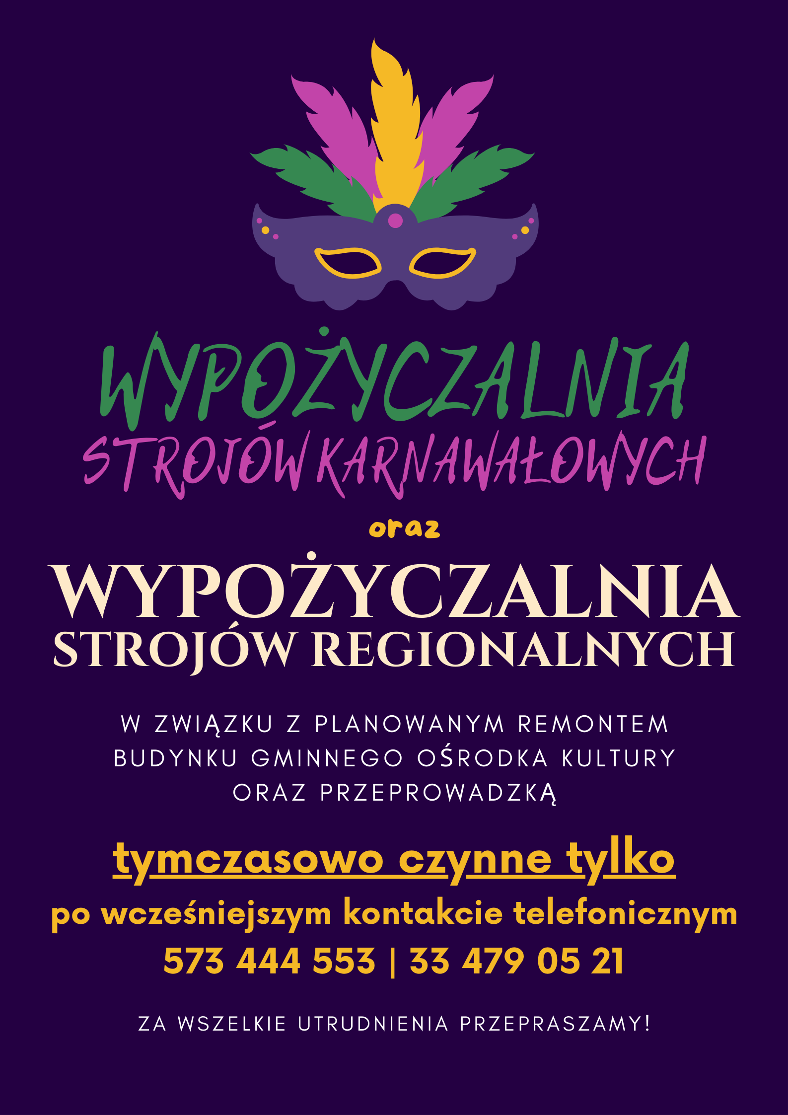 plakat informacyjny dotyczący zmiany lokalizacji wypożyczalni