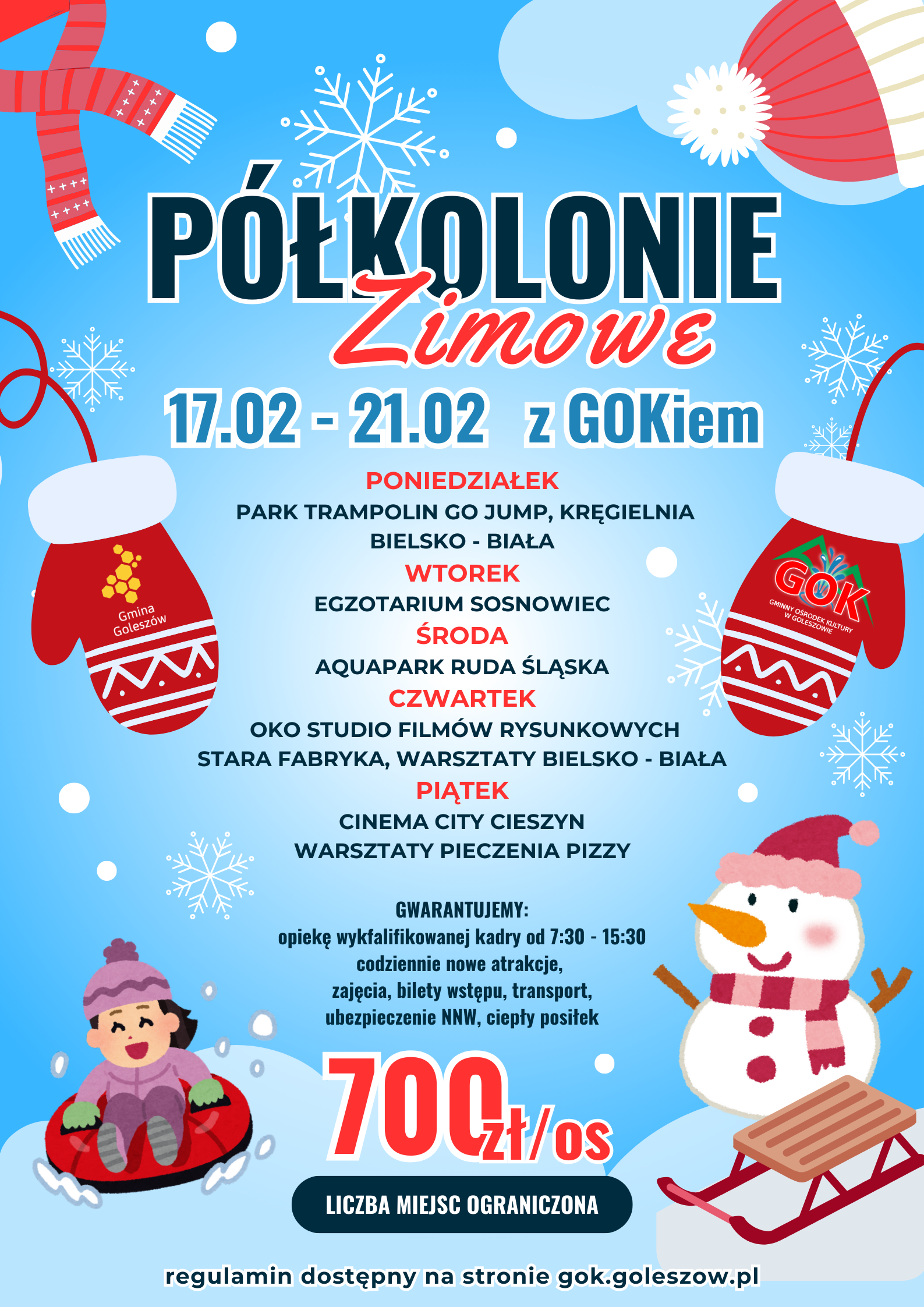 plakat informacyjny z programem półkolonii zimowych